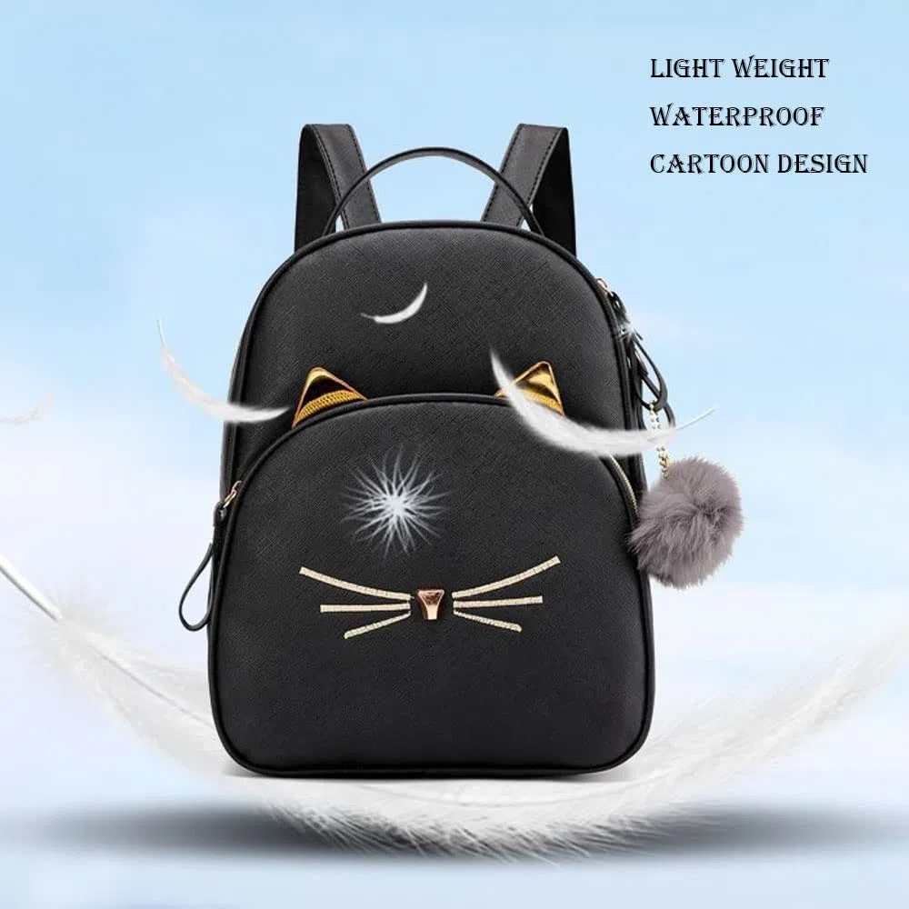 Borsa A Tracolla Per Zaino Carino Gatto Cartone Animato Per Donna Borsa A Tracolla In Pelle PU Con Zaino Per Il Tempo Libero (Nero)