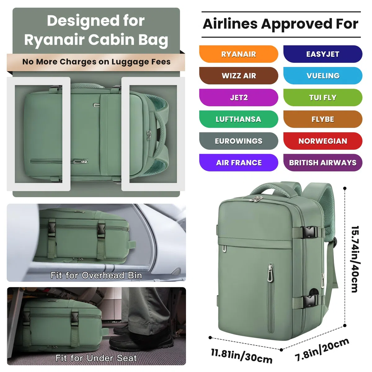 OTAHGK Zaino da Viaggio 40 × 30 × 20 per Ryanair, Bagaglio a Mano Sotto il Sedile Aereo Borsa da Cabina Voli Zaini Casual Valigia Ufficio Scolastico Lavoro Borse Adatto a Laptop da 14 pollici-Verde