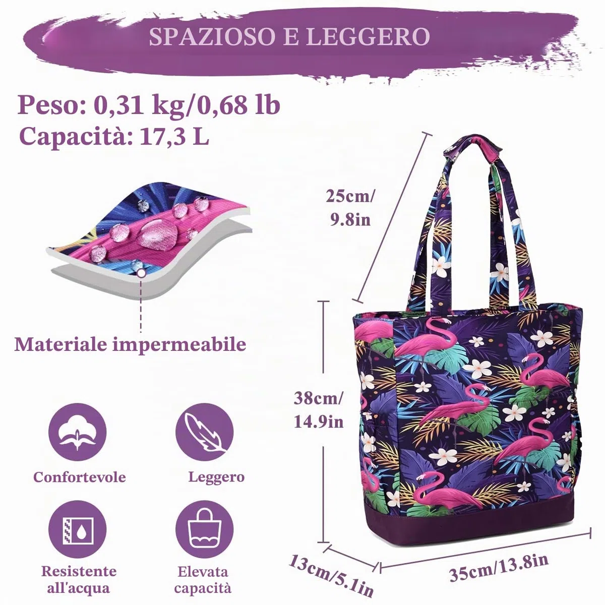 VASCHY Borsa da spiaggia, resistente all'acqua, grande borsa da donna, pieghevole, leggera, borsa a tracolla estiva con chiusura a cerniera e multi-tasche per vacanze, viaggi, spiaggia, piscina