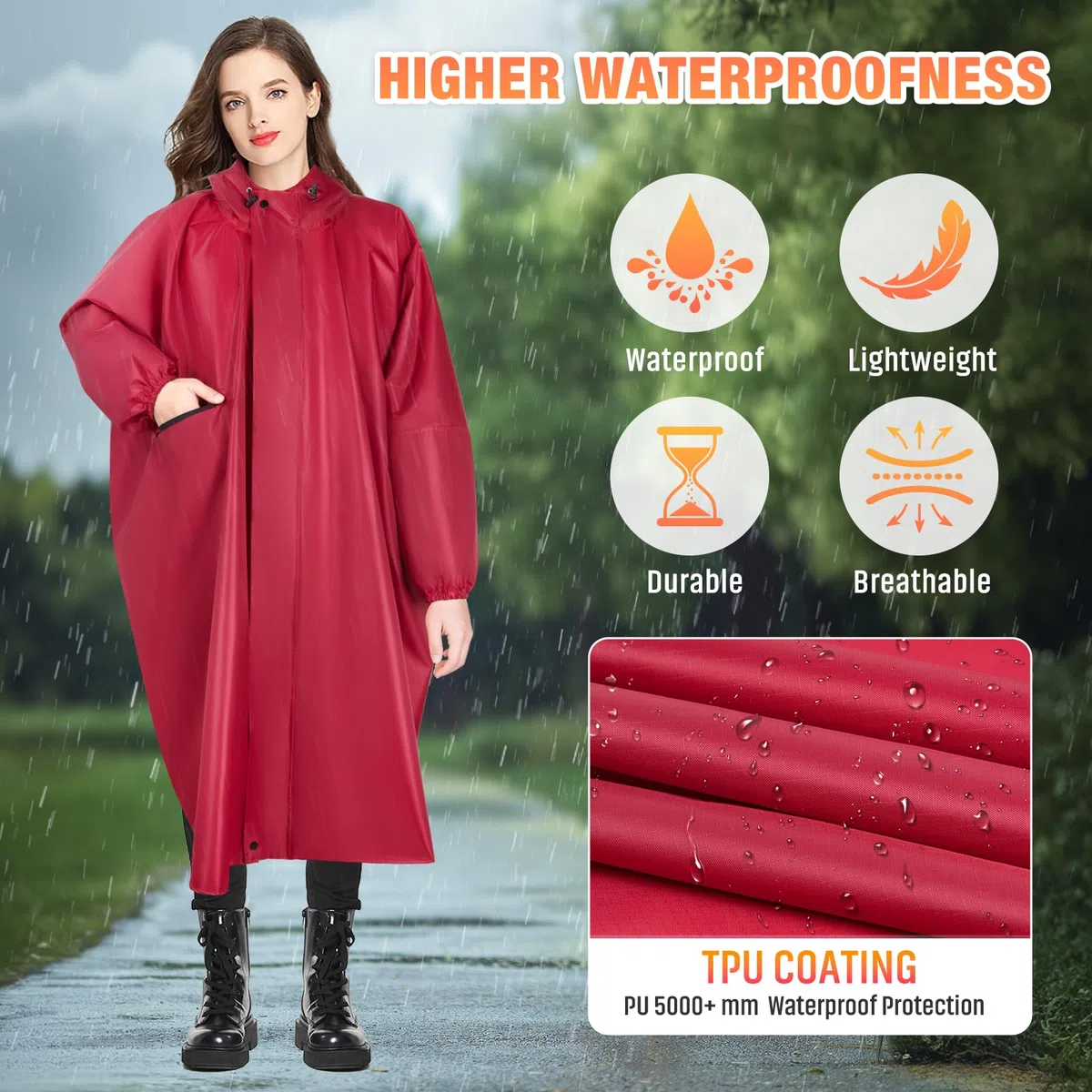 LUROON Poncho Antipioggia Impermeabile Donna Uomo con Maniche e Tasca, Riutilizzabili Mantella Antipioggia, Impermeabile Portatile con Cappuccio Strisce Riflettenti per Adulto Per Escursionismo Viaggi