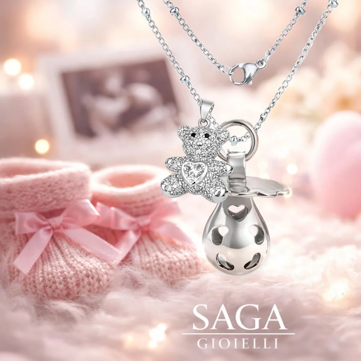 SAGA GIOIELLI® Collana Donna Chiama Angeli Gravidanza Richiamo degli Angeli Donna Incinta Ciuccio Orsacchiotto