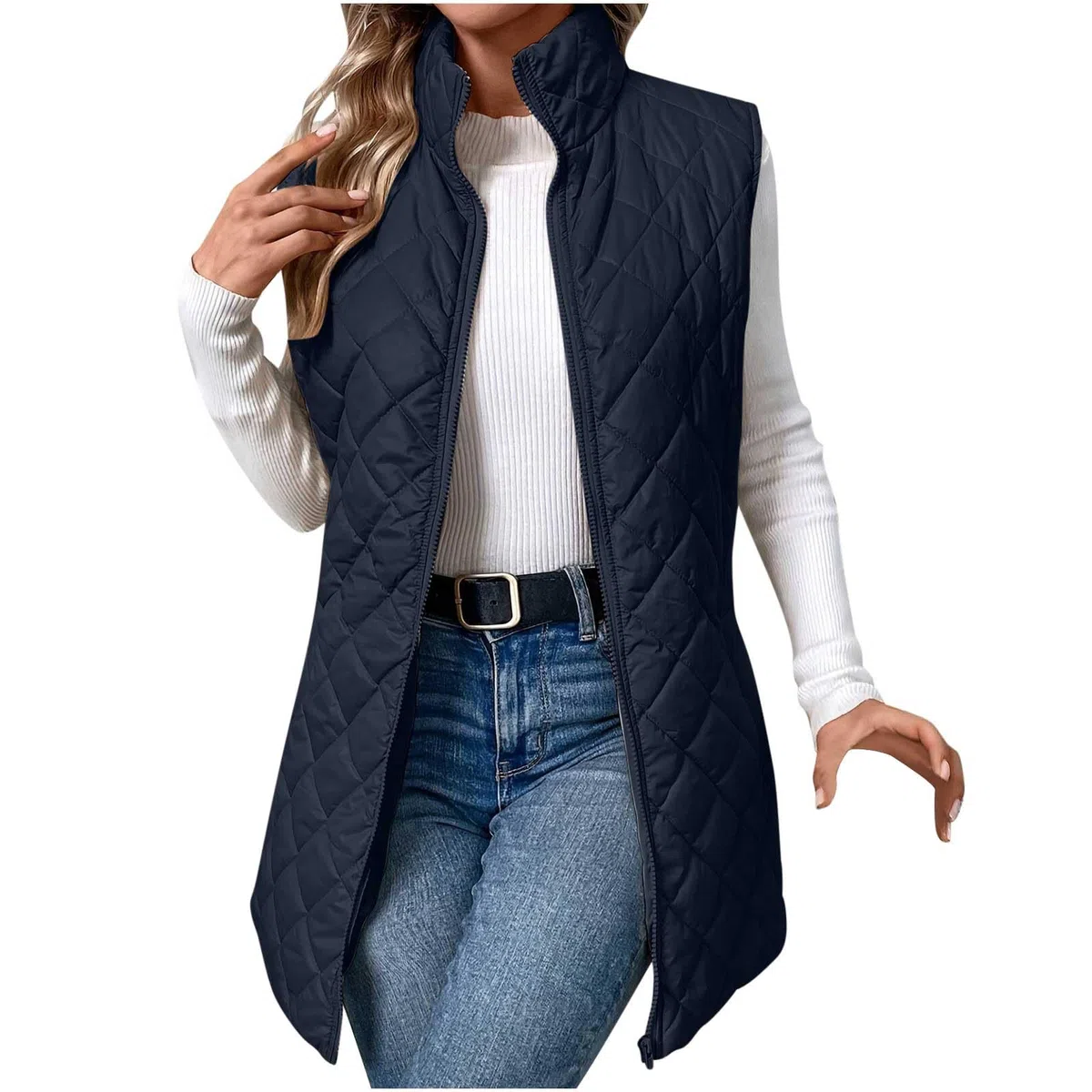 OVARA Gilet trapuntato da donna con colletto alla coreana, leggero, con cerniera, imbottito, termico, comodo, casual, tinta unita, gilet da donna, giacca lunga senza maniche