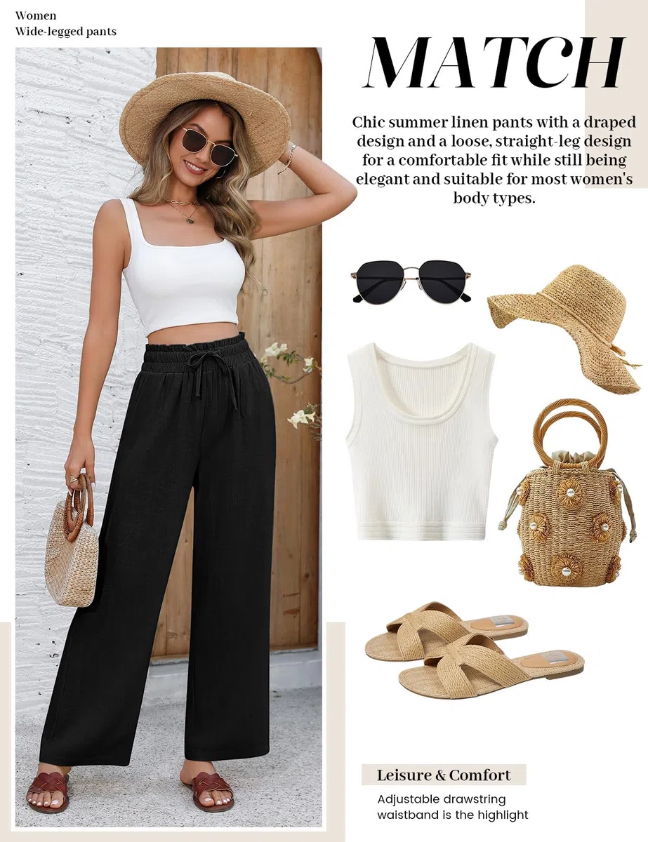 Pantaloni Donna Estivi in Cotone e Lino Eleganti Elastico Vita Alta Leggeri Comodi Larghi Casual con Tasche
