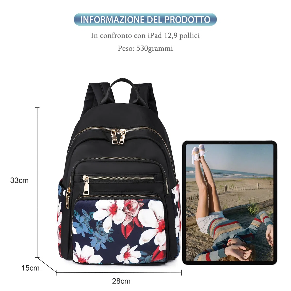 Zaino Donna Elegante Zainetto Viaggio Borsa a Spalla Borse Casual Multi-tasche con Tessuto Leggero impermeabile Tasca antifurto con Disegno Fantasia km34
