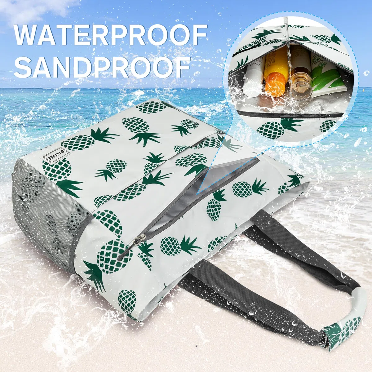 G4Free Borsa da spiaggia, impermeabile, a prova di sabbia, pieghevole, di grande capacità, per le donne, Ananas, 35L