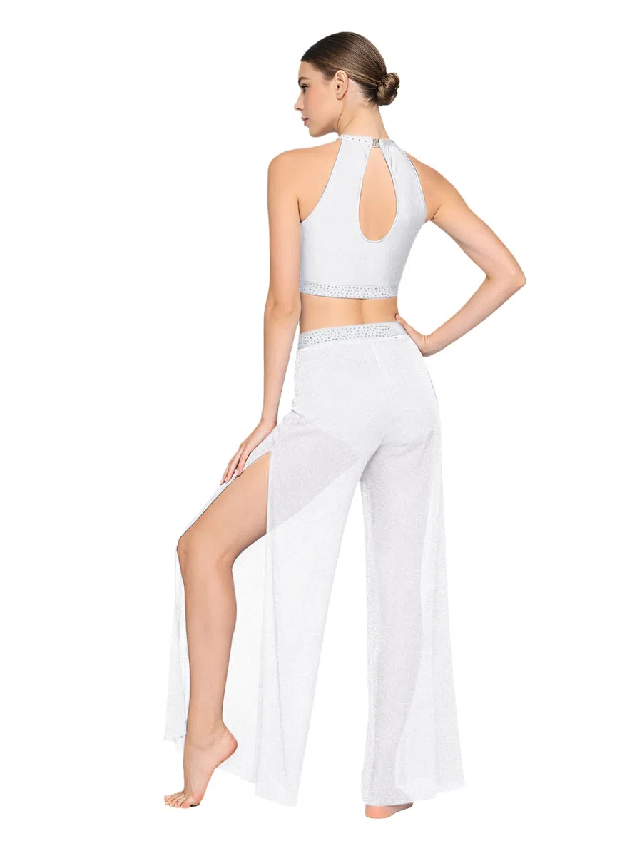 Freebily Donna Abito da Ballo Lirico Contemporaneo Maxi Vestito da Pattinaggio Artistico Completo da Danza Moderna Jazz Crop Top Canotta + Pantaloni Larghi Dancewear