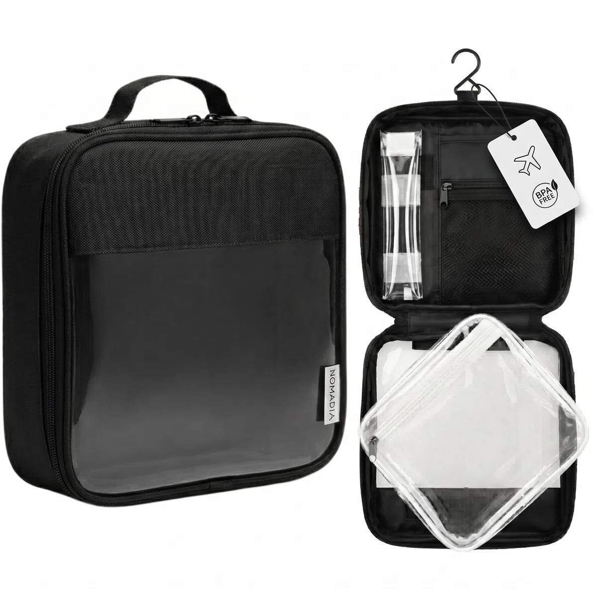NOMADIA® Beauty case uomo & borsa cosmetica da viaggio con sacchetto TSA 1L rimovibile (TPU senza BPA) – Trousse sospendibile 2‑in‑1 per bagaglio a mano, liquidi e accessori