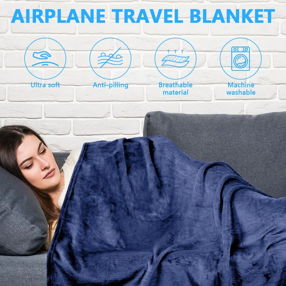 Flintronic Coperta da Viaggio 2 in 1, 155 x 130 cm, morbida coperta aeronautica con federa e tappi per le orecchie, ultraleggera per vacanze, ufficio, casa, viaggi d'affari (blu
