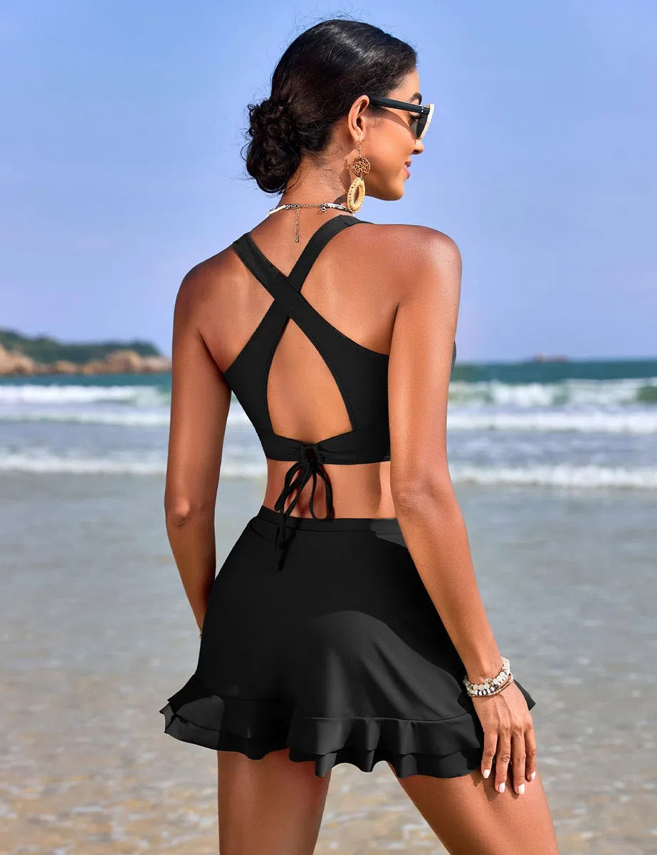Costume Donna Due Pezzi Vita Alta Bikini con Gonna Sexy Scollo a V Costumi da Bagno Imbottito Piscina sulla Spiaggia