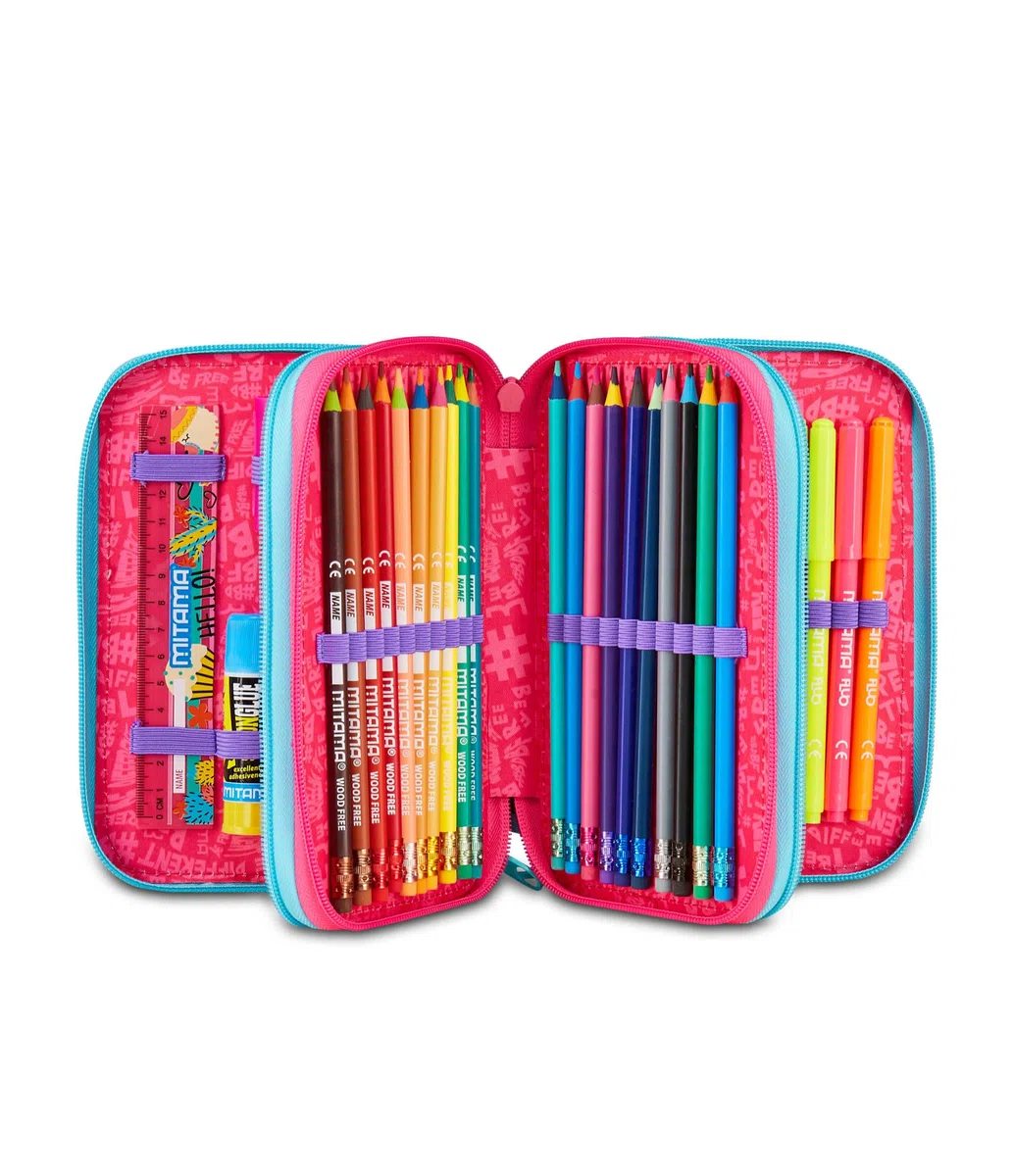 Mitama Astuccio Scuola 3 Scomparti, SUPER TRIPLO RAINBOW LOVE, Contenuto 47 pz, Completo di Matite, Pennarelli, Portapenne Scuola Elementare Bambina