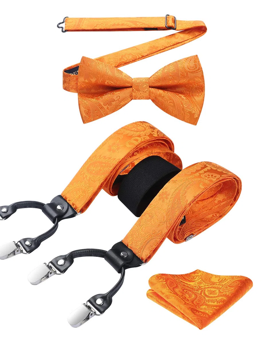 HISDERN Bretelle da Uomo Paisley Bretelle Uomo Eleganti Regolabile 6 Clips di e Forma a Y Elastica Bretelle Papillon e Fazzoletto da Taschino Set
