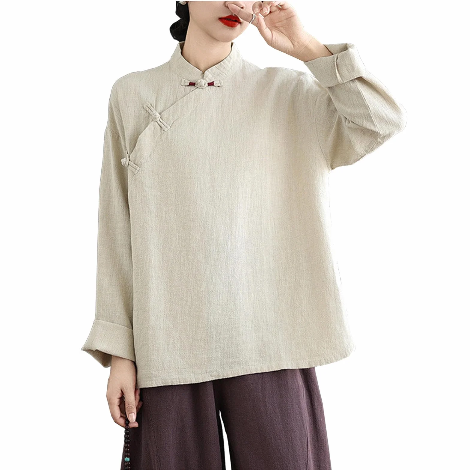 Tuta da Kung Fu in Cotone e Lino da Donna, Uniforme per Arti Marziali Cinesi, Tuta da Meditazione, Camicia a Maniche Lunghe e Pantaloni,Apricot-L
