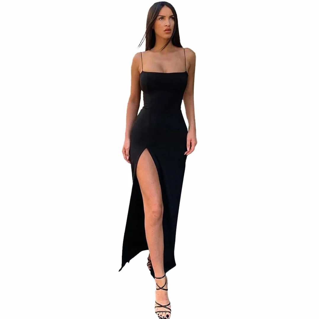 Vestito Aderente Donna Nero Sexy Abito Senza Manica Scollo a Abito Lungo Spaghetti Strap Vestito con Spacco da Sera Casual Cerimonia Matrimonio