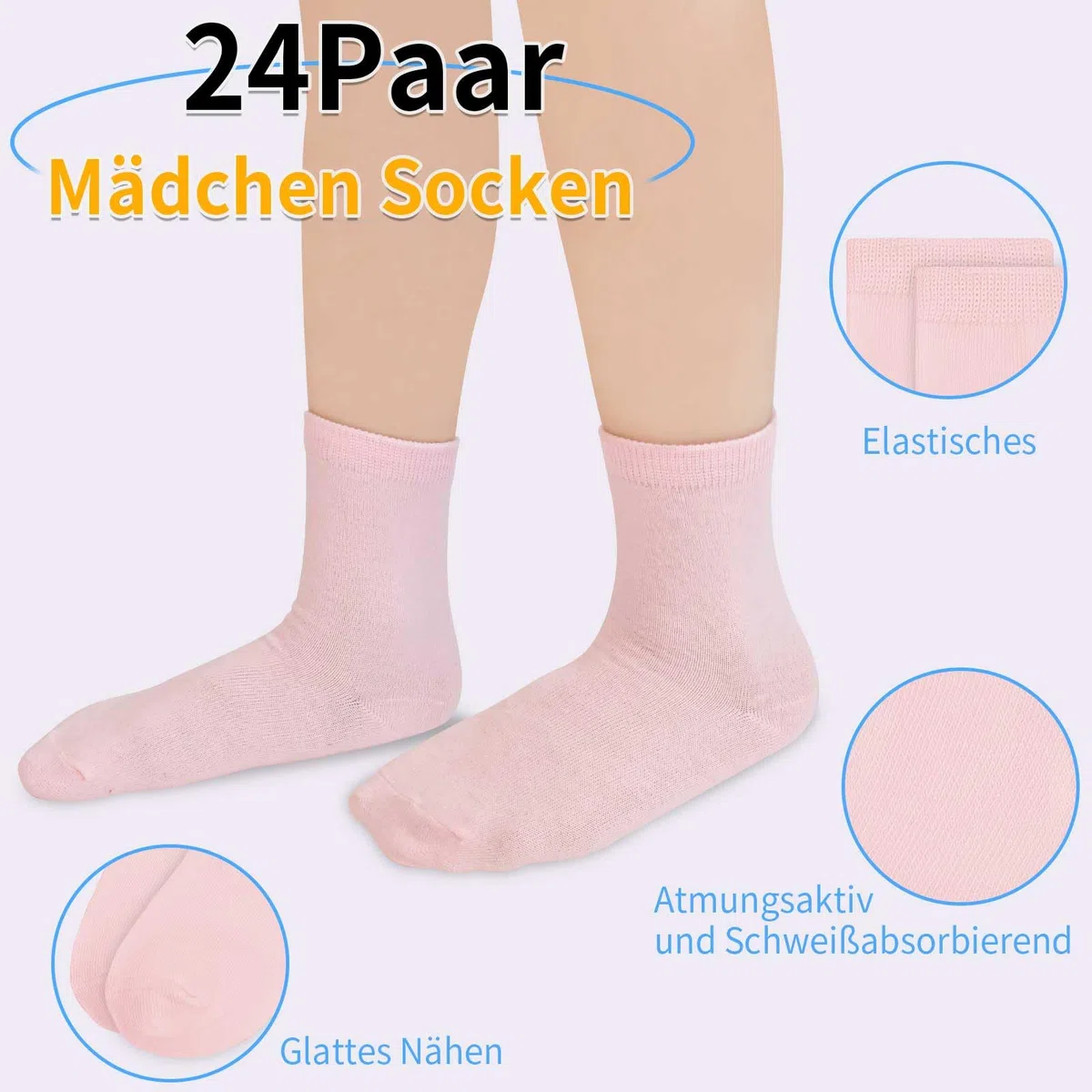 ZERULETS 24 paia di calzini per bambini e bambine, calzini da ginnastica per bambini, calzini sportivi da bambina, colore bianco, rosa, viola, giallo, per 1-13 anni