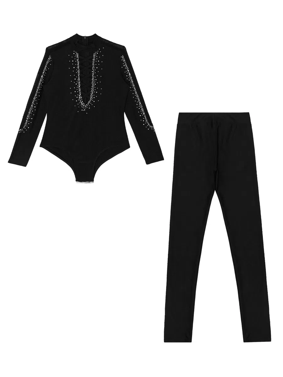 ranrann Camicia da Ballo Ragazzo Body Danza Classica con Strass e Leggings Completo da Ballo Latino Tuta da Ginnastica Leotard Pattinaggio Artistico Dancewear