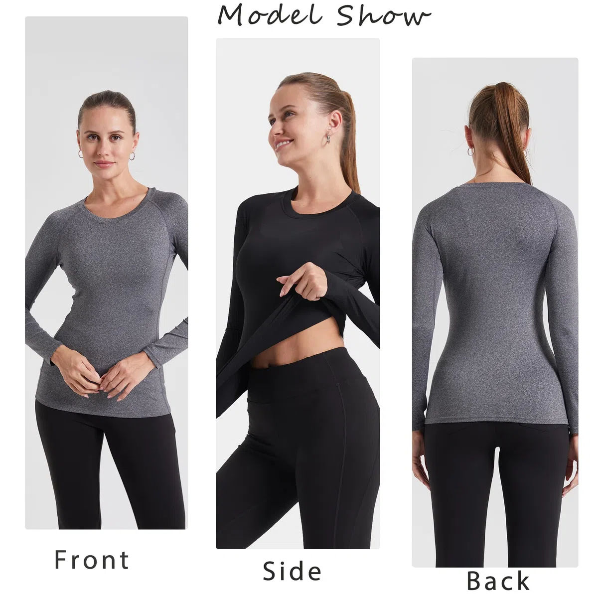 YUSHOW Confezione da 3 magliette da donna a compressione, a maniche lunghe, funzionali, per il fitness, per la corsa, traspirante, per il jogging, la palestra, per