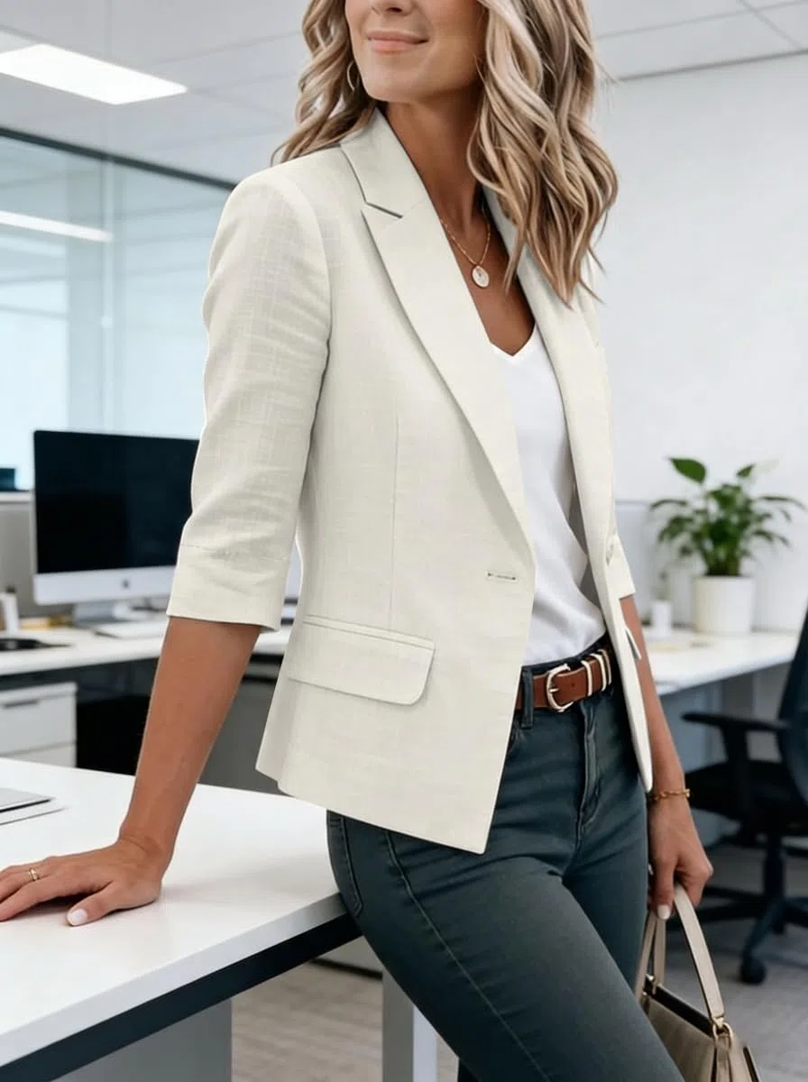 IDEALSANXUN Blazer da donna in lino corto casual con maniche a 3/4 leggero primaverile estivo giacche top