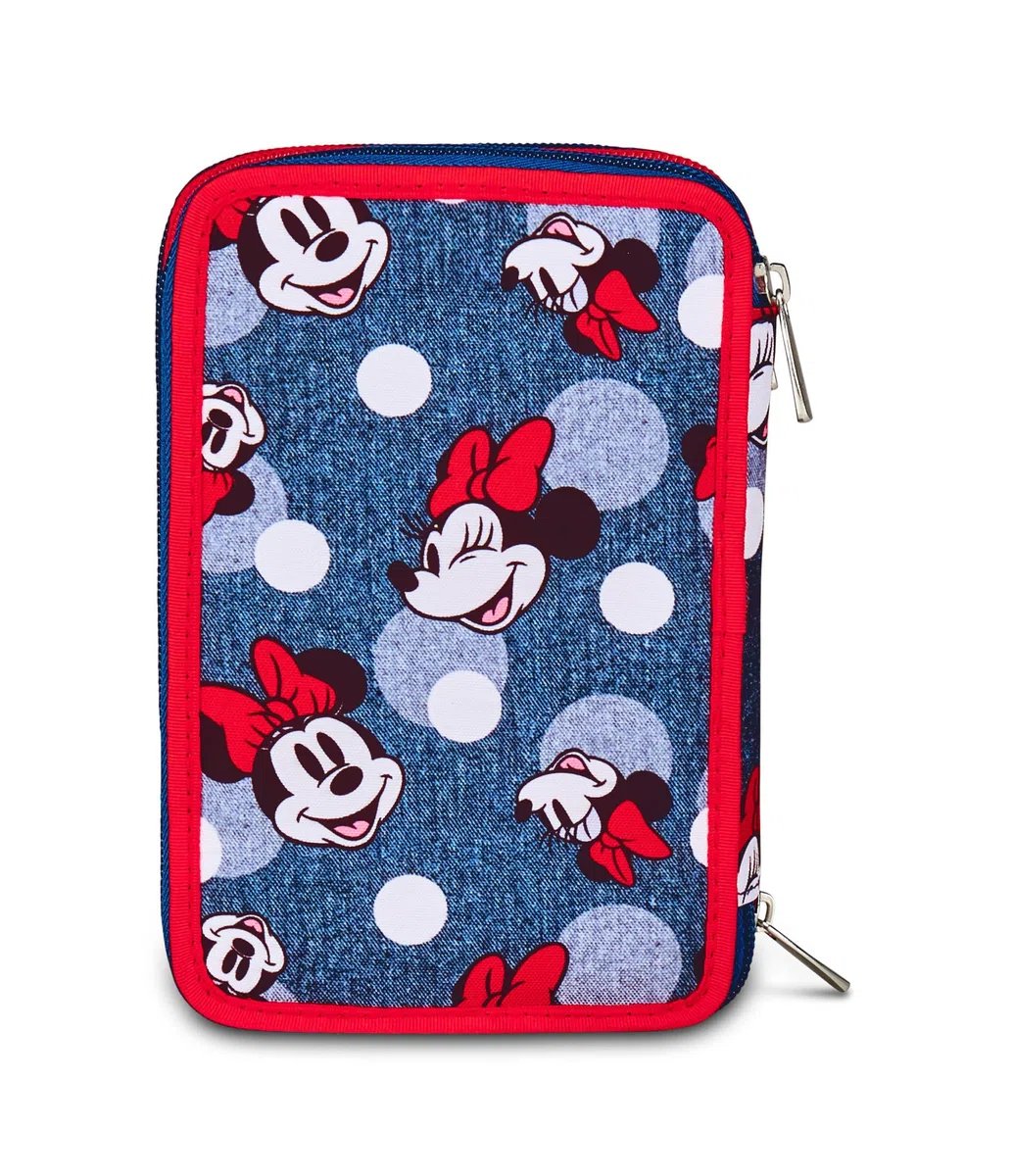 Seven Minnie Astuccio Scuola 3 Zip, Blu Denim, Portapenne Triplo Scomparto Completo Di Penne, Matite, Colori, Scuole Elementari, Bambina