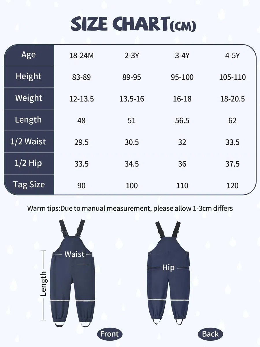 Volunboy Pantaloni Impermeabile Bambini 1-5 Anni, Leggeri, Regolabile, Pantaloni Fango, Salopette Antipioggia