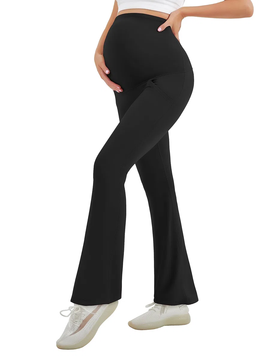 HEGALY Women's Maternity Flare Leggings Over The Belly - Casual Pregnancy Yoga Pants with Pockets Buttery Soft