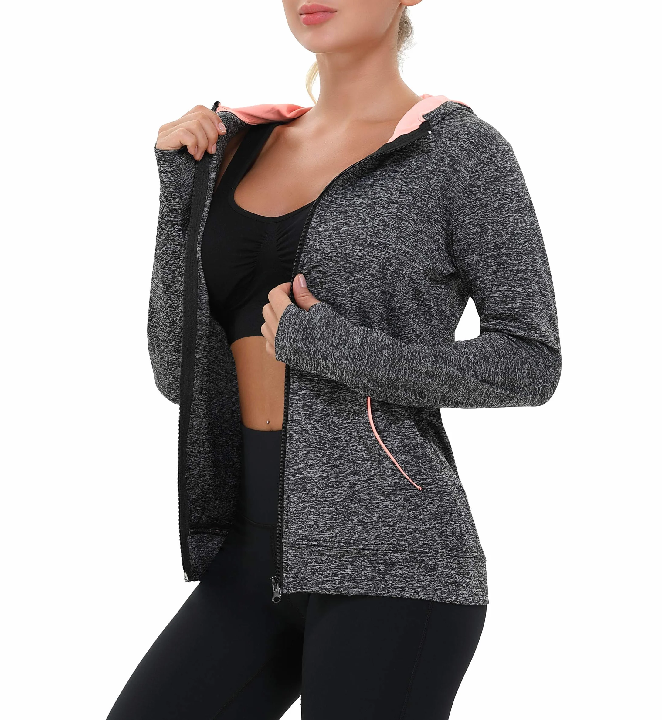 AMZSPORT Donna Felpa Sportiva Giacca da Running a Manica Lunga con Cappuccio con Tasche