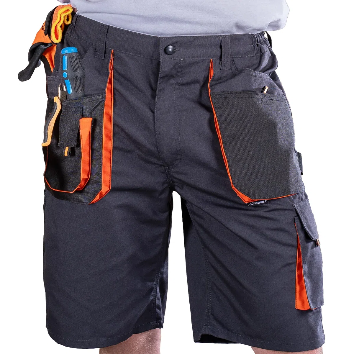 BWOLF Atlas – Pantaloncini da Lavoro Uomo Resistenti con Tasche Multiple | Tessuto Rinforzato 600D | Grigio/Arancione