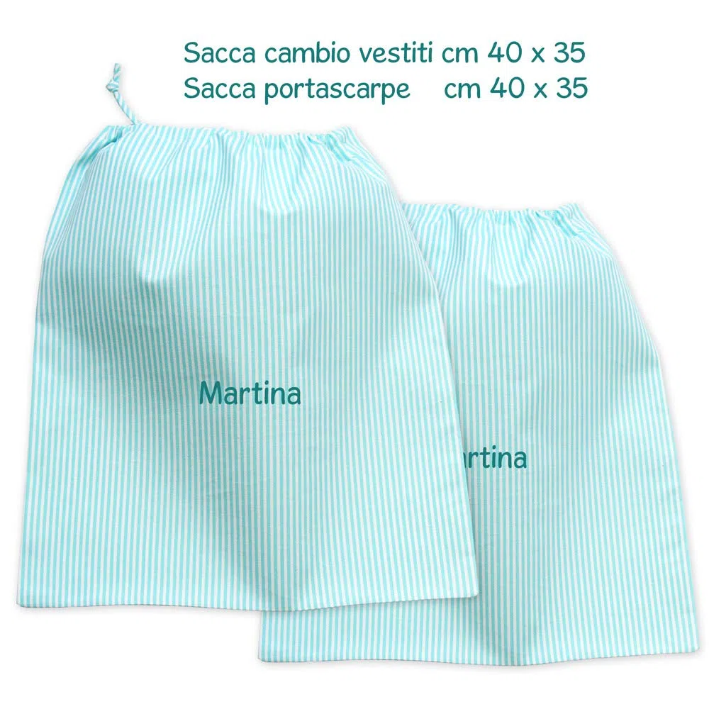 COCCOLE - Set Sacca Asilo Personalizzata Multiuso 2pz - Sacca per Asilo in Puro Cotone per Vestiti e Oggetti Personali - Personalizzabile con Nome a Righe Verdi