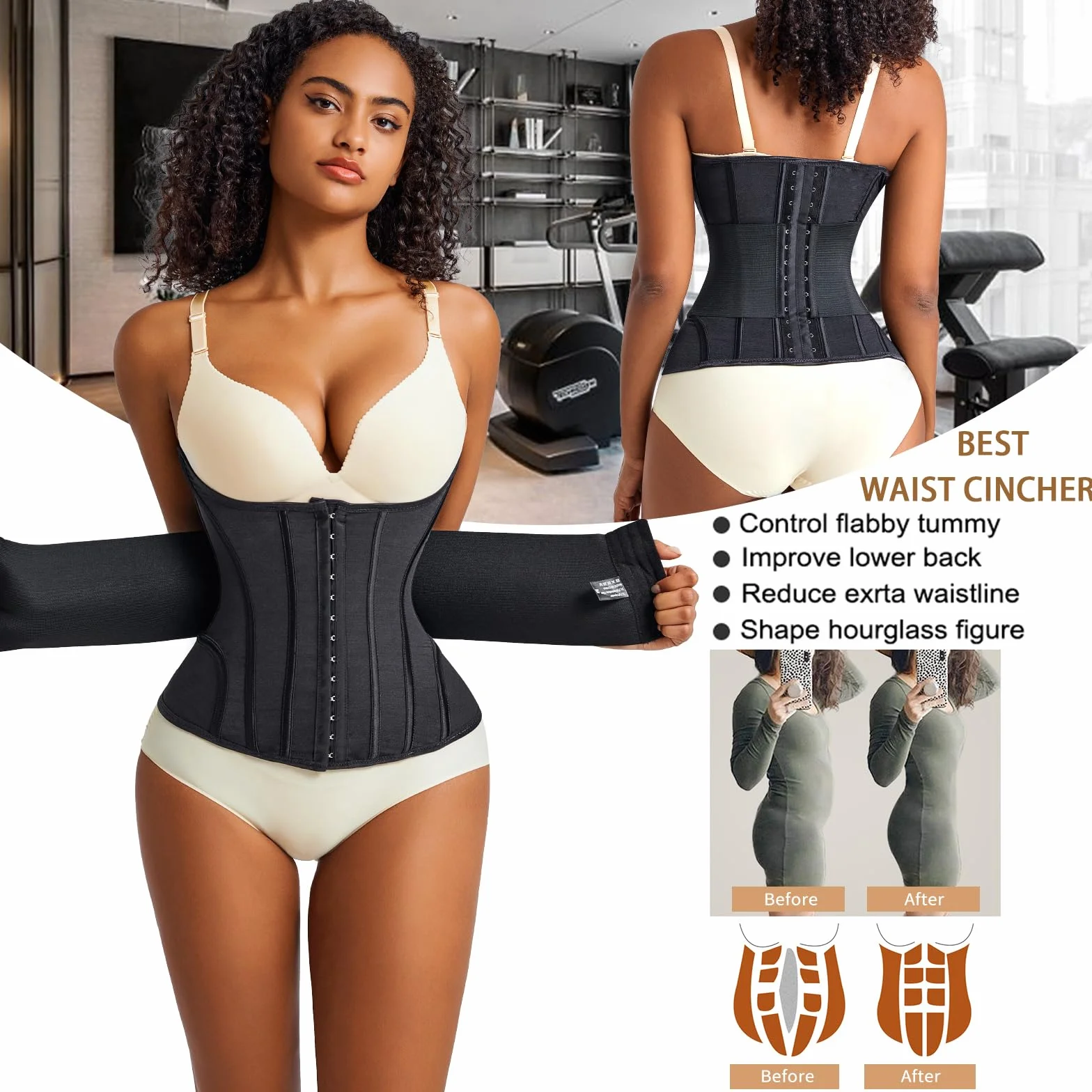 Corsetto Donna Modellante con Doppia Chiusura, Waist Trainer Traspirante con 10 Stecche di Supporto, Fascia Snellente Post Parto per Allenamento, Ufficio e Uso Quotidiano