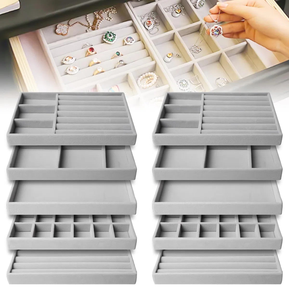 Vassoio per gioielli impilabile: 10 pezzi organizer per gioielli, cassetto portaoggetti per gioielli, vassoio per gioielli per riporre e esporre organizzatore di gioielli per collane, bracciali