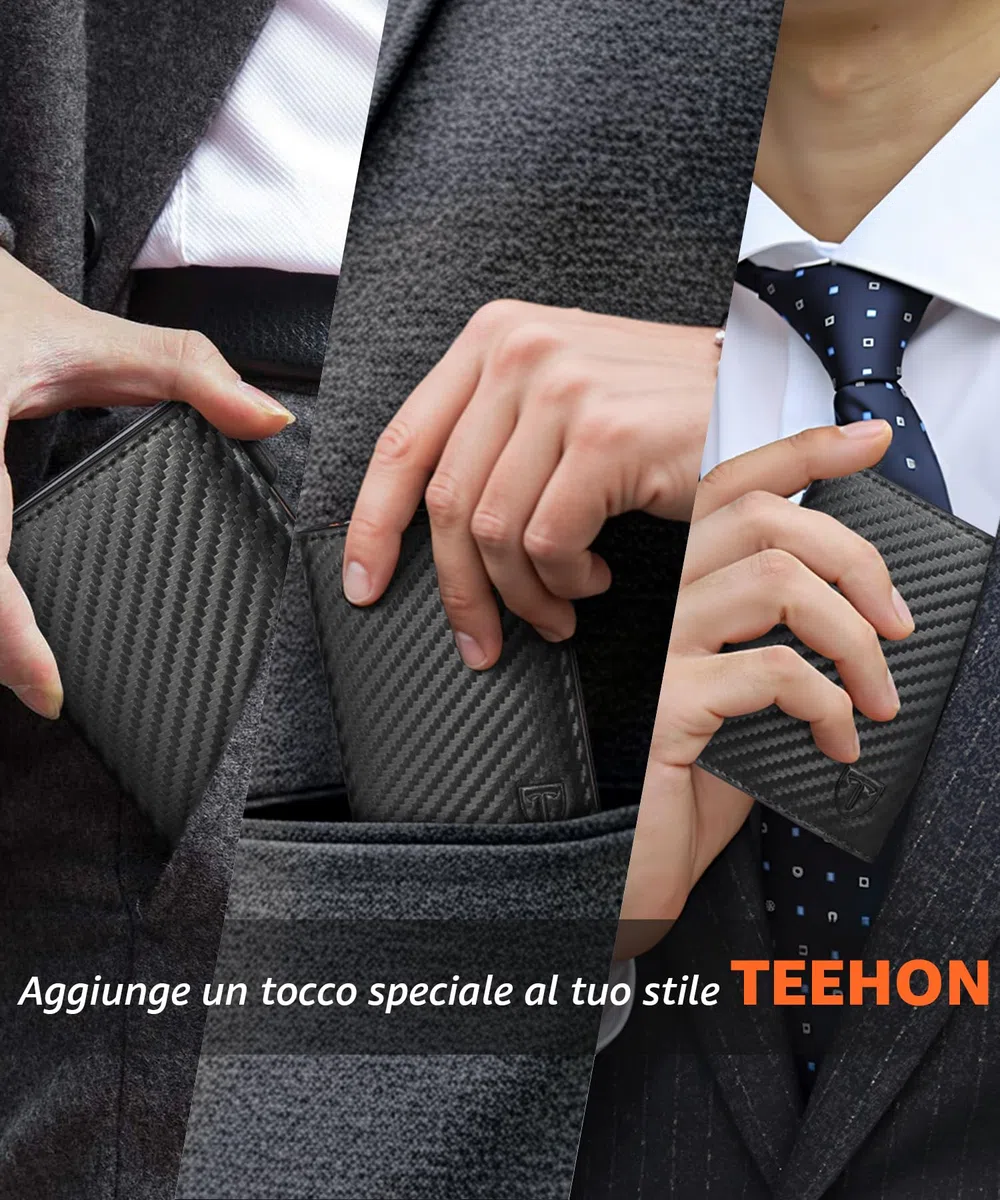 TEEHON Portafoglio Uomo Slim RFID Blocking, Magnetica Fibra di Carbonio Porta Carte di Credito Uomo - ID Window, Tasca Portamonete con Cerniera, Scomparto per Banconota (Classico, Nero Arancione)