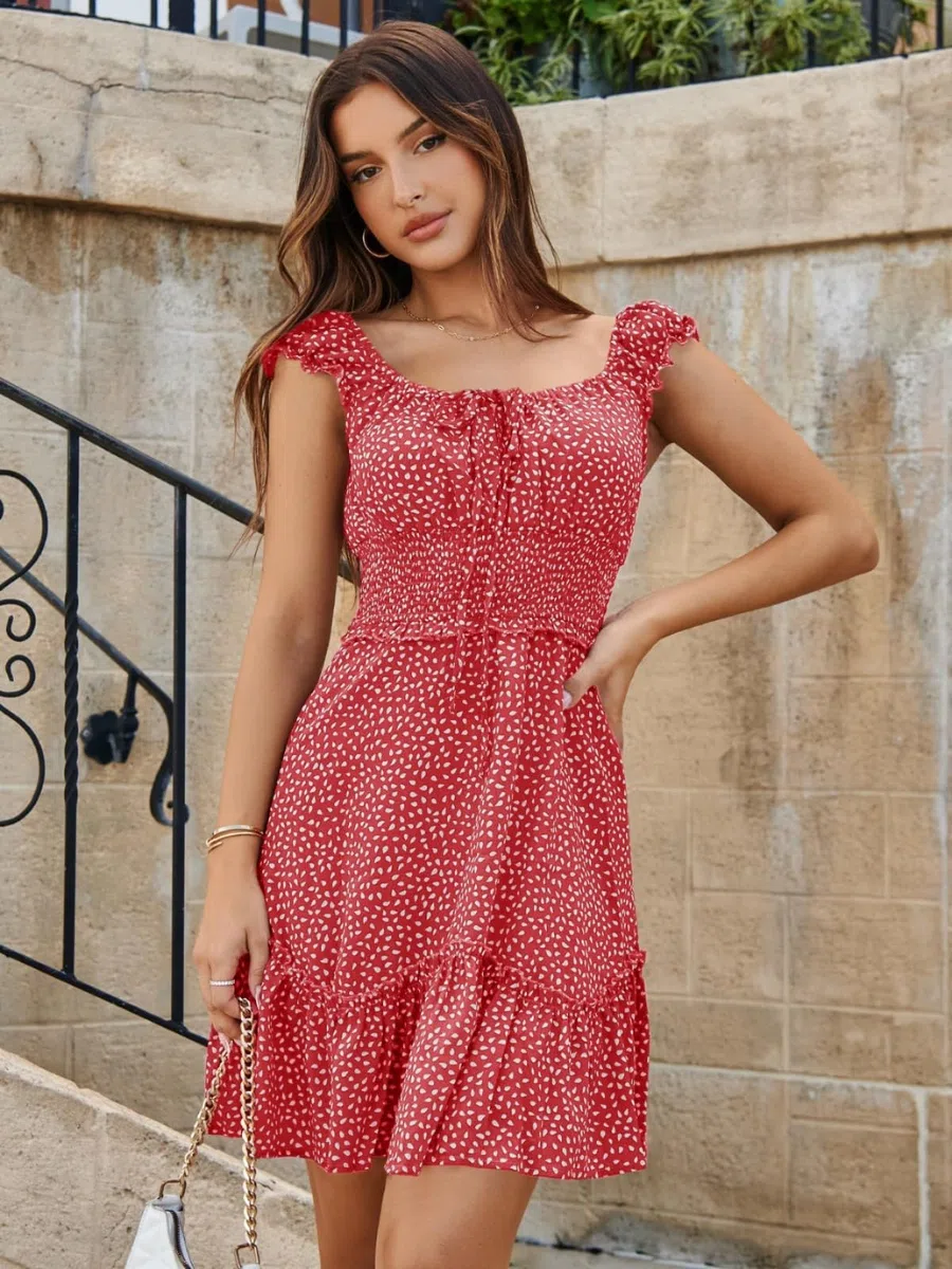 Imily Bela Abito estivo da donna con volant, abito da spiaggia, elegante, linea ad A, a vita alta, con coulisse
