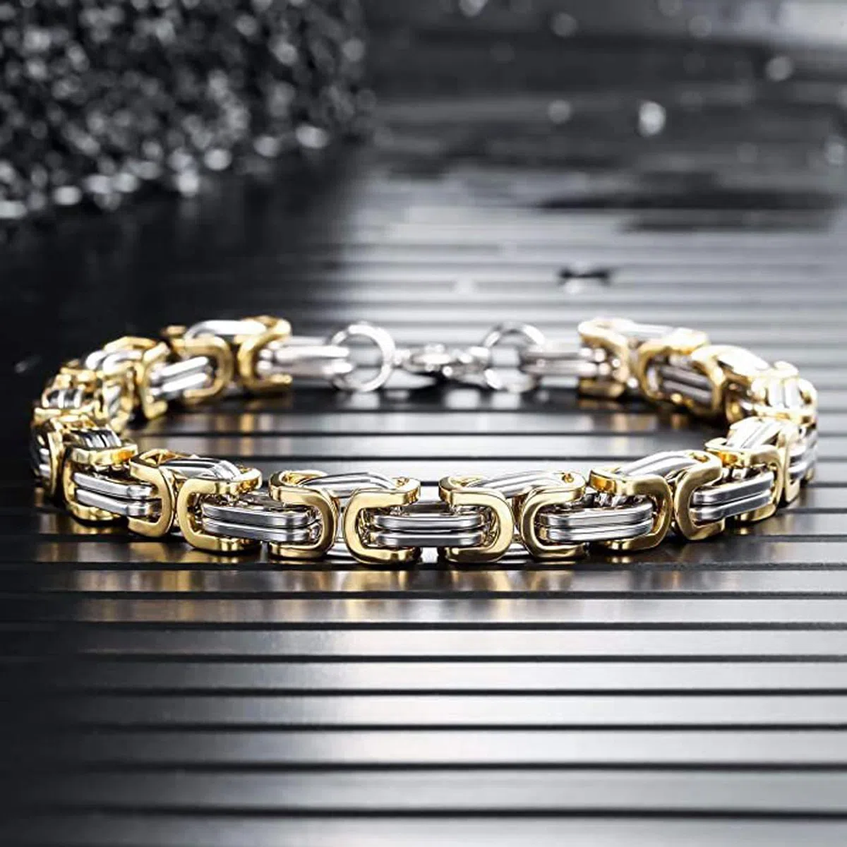 Set collana e bracciale per uomo, collana in acciaio inox, larghezza: 6 mm, da uomo, colore oro e acciaio, Acciaio inossidabile, Nessuna pietra preziosa