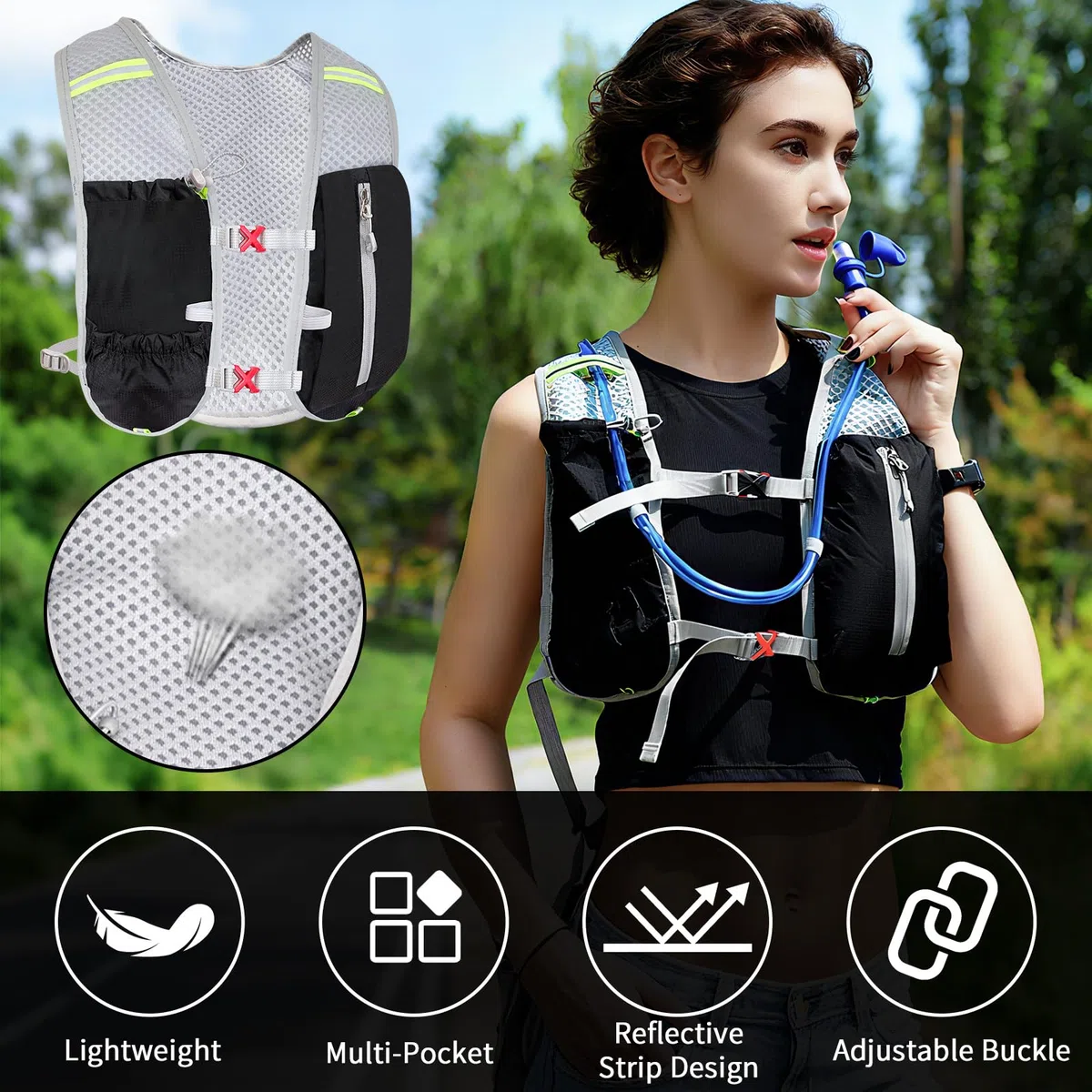 Gilet da corsa per donne e uomini, leggero, con sacca d'acqua da 2 l, per escursionismo, corsa, jogging, ciclismo, corsa, maratona, nero