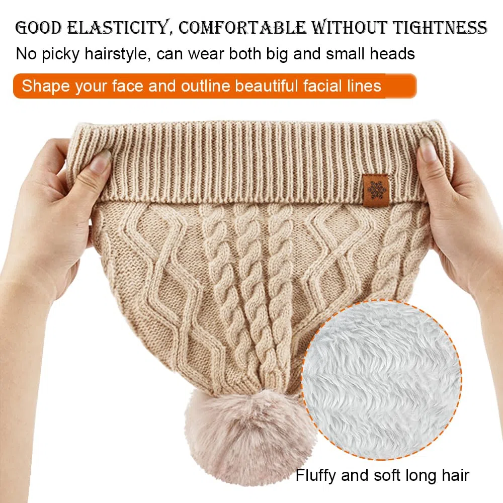 Oneshlee Berretto invernale con touch screen e sciarpa lunga per donna, berretto lavorato a maglia da donna, con palla di peluche, caldo berretto invernale, guanti a maglia, sciarpa, berretto 3 in 1,