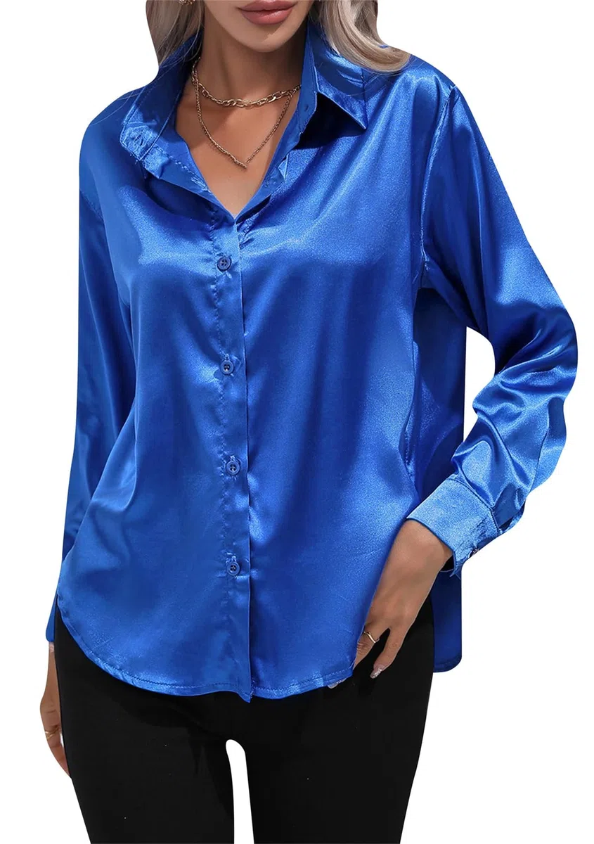 OMZIN Donna Raso Setoso Manica Lunga Camicette Chic Button Down Camicia Formale Lavoro Camicetta