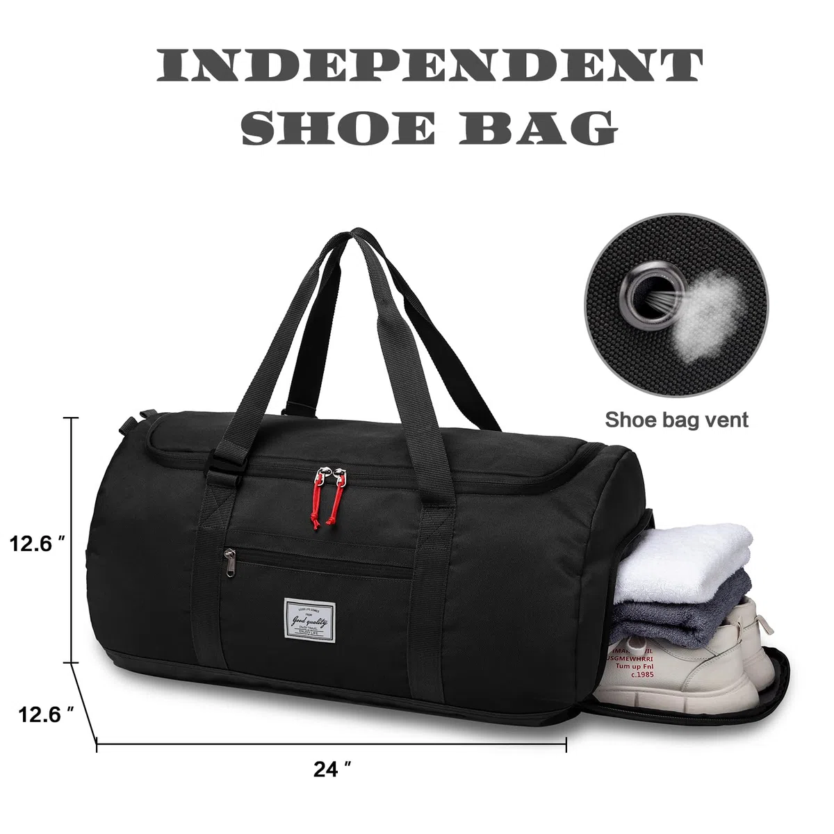 Borsa da viaggio con scomparto per scarpe, grande borsa sportiva, da uomo, donna, impermeabile, Weekender, A-nero., 60L, viaggi, campeggio, weekend, pernottamento, palestra, sport, fitness
