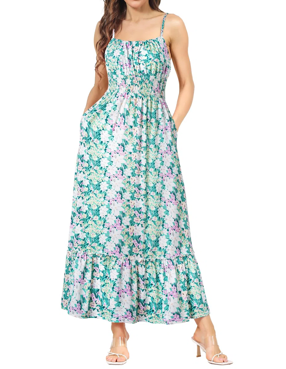 GRACE KARIN Vestito Donna Pieghe A-Line a Senza Manica Stampata Floreale Spalle Sottile