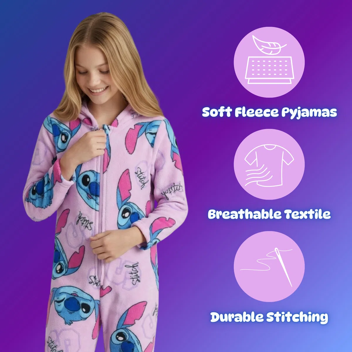 Disney Stitch Pigiama per Ragazze, Pigiama Intero per Bambina in Morbido Pile, Taglie 6 a 12 Anni