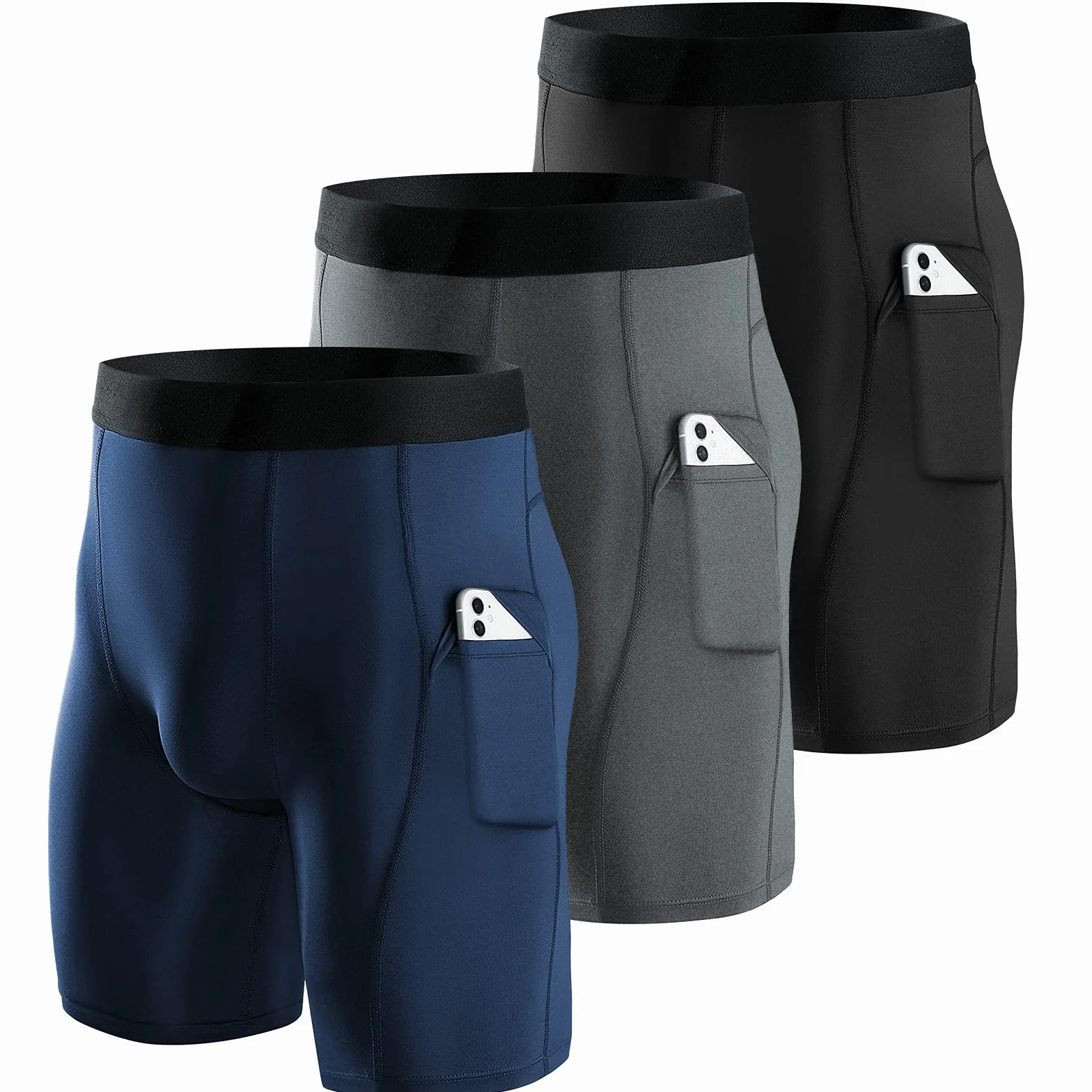 Niksa 3 Pezzi Pantaloncini Compressione Uomo Pantaloncini Corsa di Base Pantaloncini Compressi con Tasca per Cellulare Pantaloncini Sportivi Attillati ad Asciugatura Rapida e Traspiranti