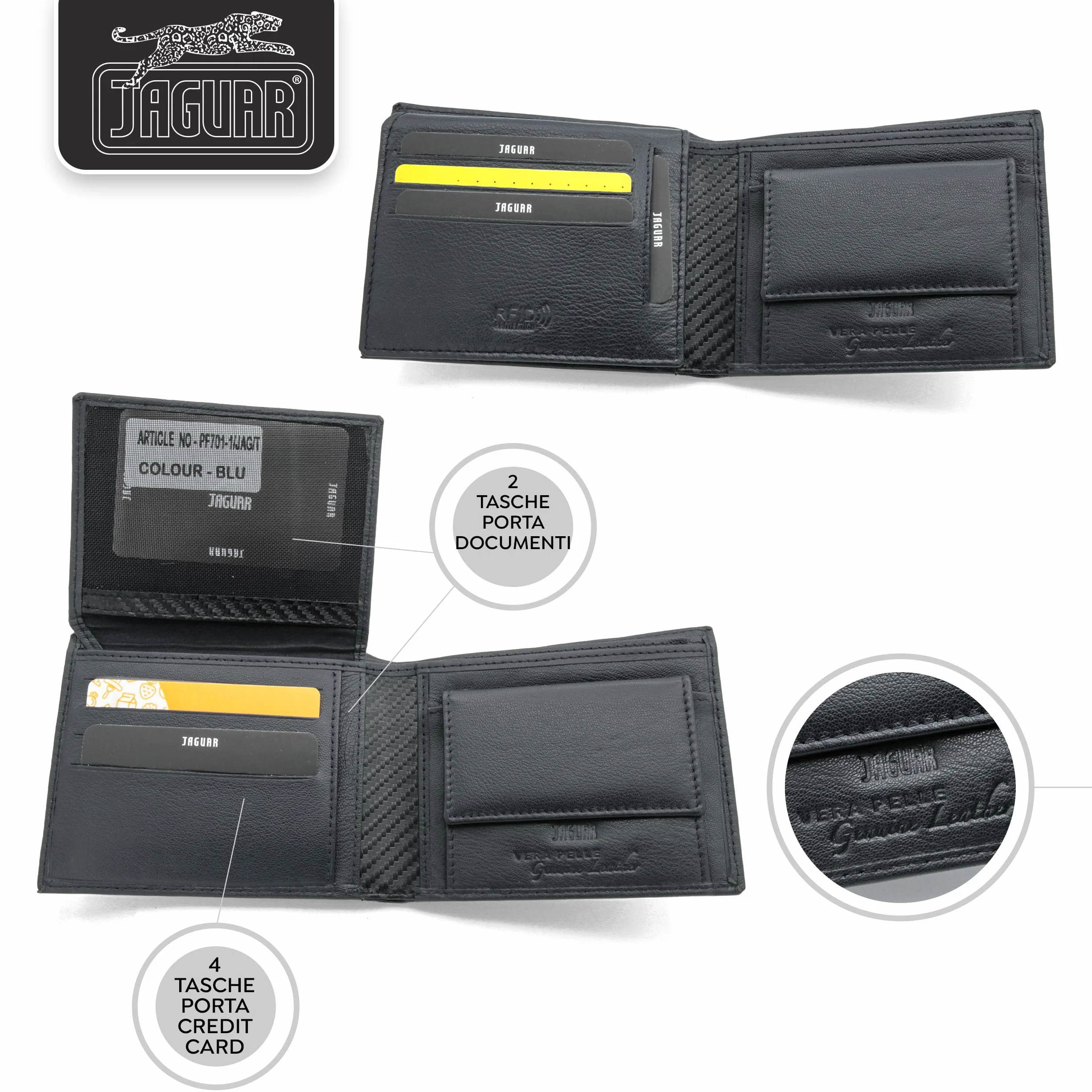 JAGUAR Portafoglio Uomo Pelle Vera Dotato di Scomparti Carte, Portamonete Banconote e Documenti, Idea Regalo Uomo dal Design Classico e Raffinato, Leggero (soli 75gr) Nero