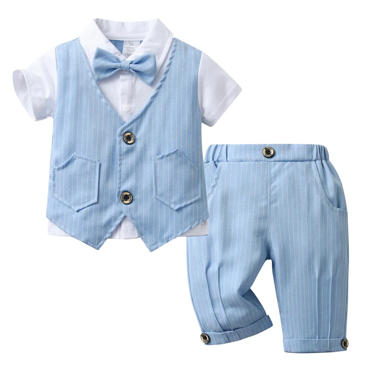 Completo Elegante Bambino Estivi Cerimonia Nozze Abbigliamento, Camicie + Papillon + Gilet + Pantaloncini, 4 Pezzi