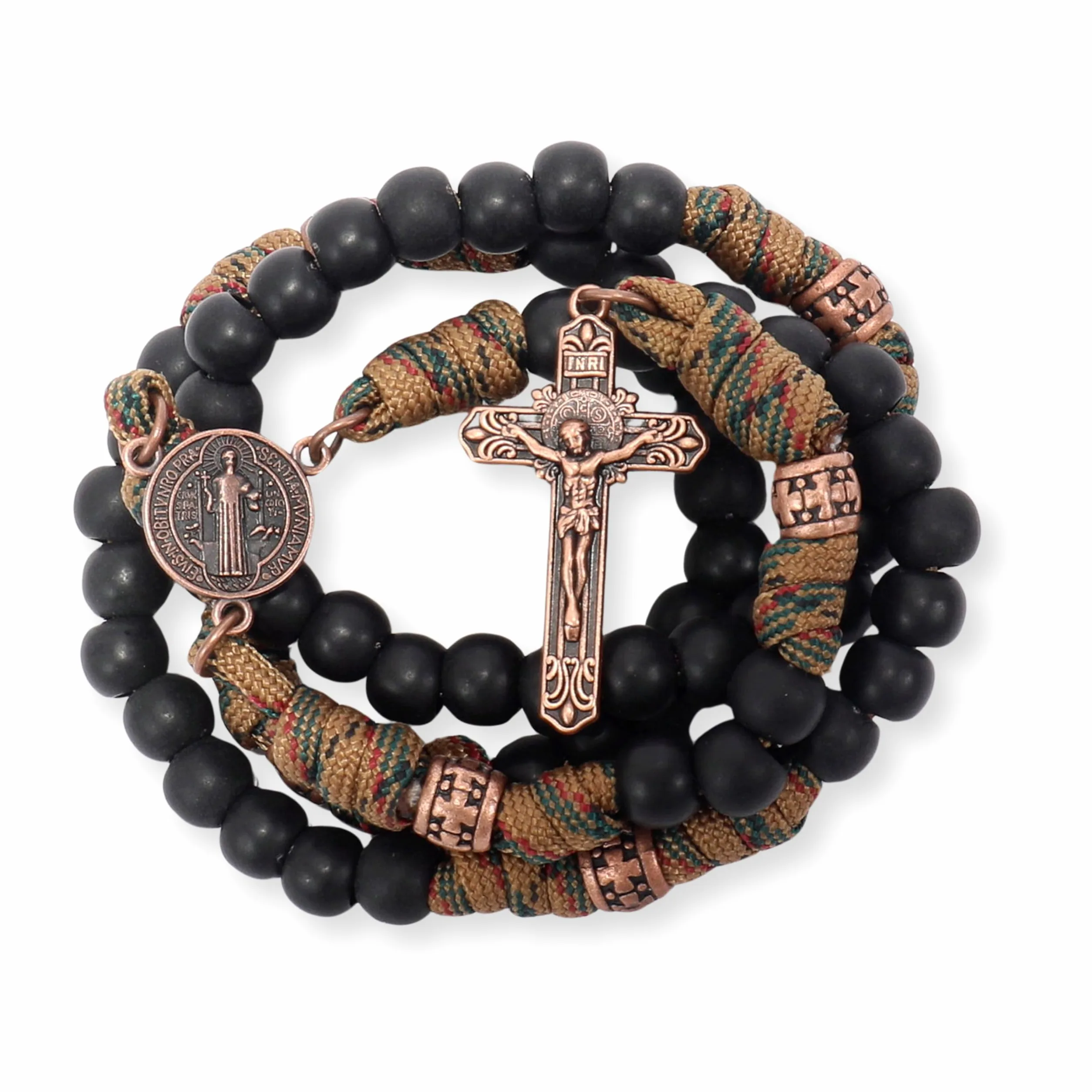 Nazareth Store Bronzo antico San Benedetto Rosario Paracord Nero opaco Perline robuste Rosario Collana con filo forte con croce INRI