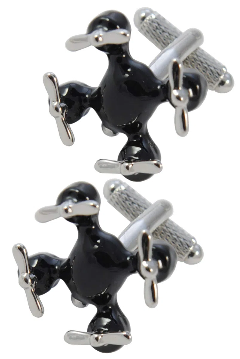 Gemelli Camicia Uomo Nero - Con Scatola - Drone - Ottone - Volare Aeromobili Senza Pilota - Colori Nero e Argento - Un Paio