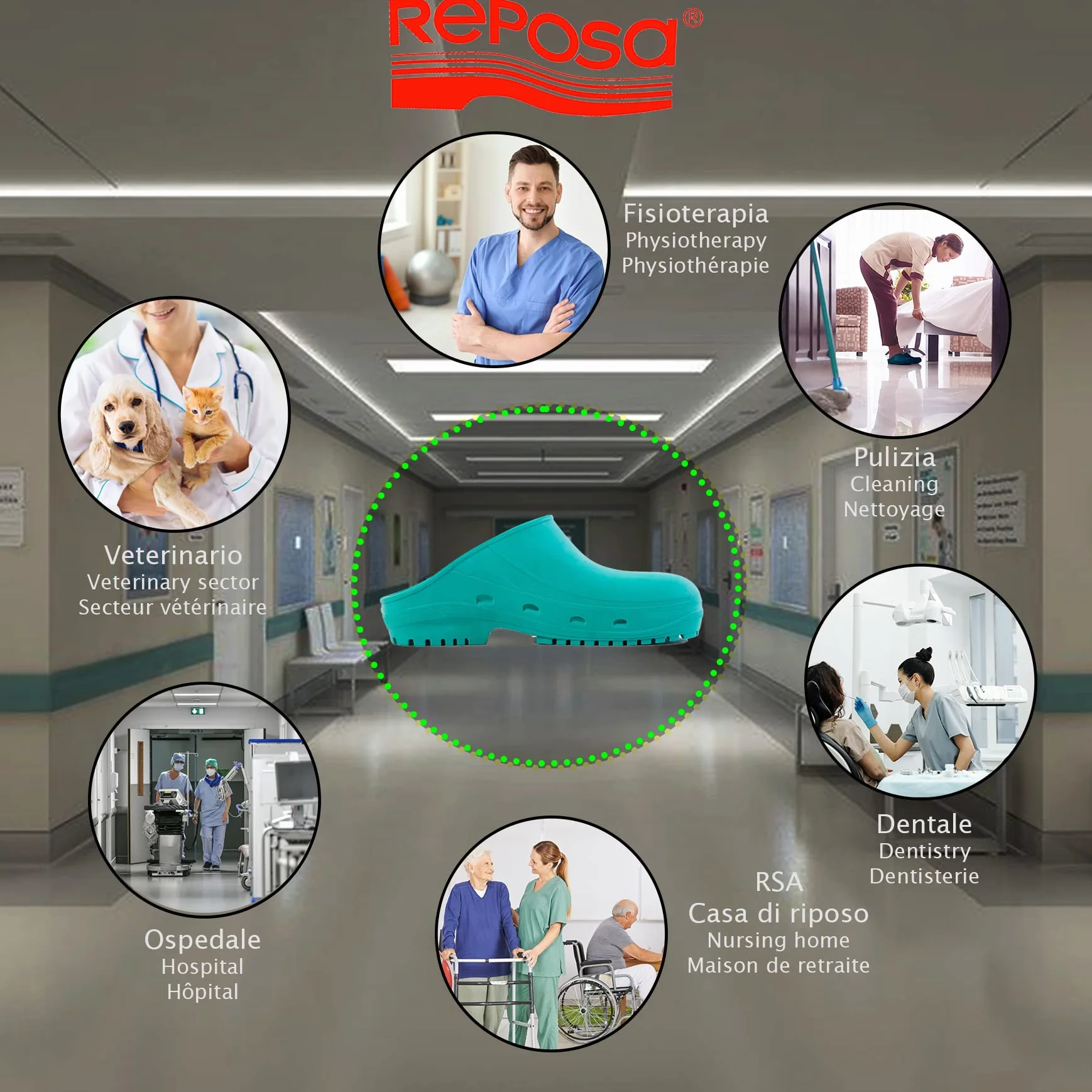 REPOSA Easy - Zoccoli Sanitari Donna e Uomo in Gomma con Suola Antiscivolo SRC, Ciabatte Sanitarie Anatomiche Senza Laccetto, Scarpe Sanitarie Infermieri Sterilizzabili, Antishock e Traspiranti