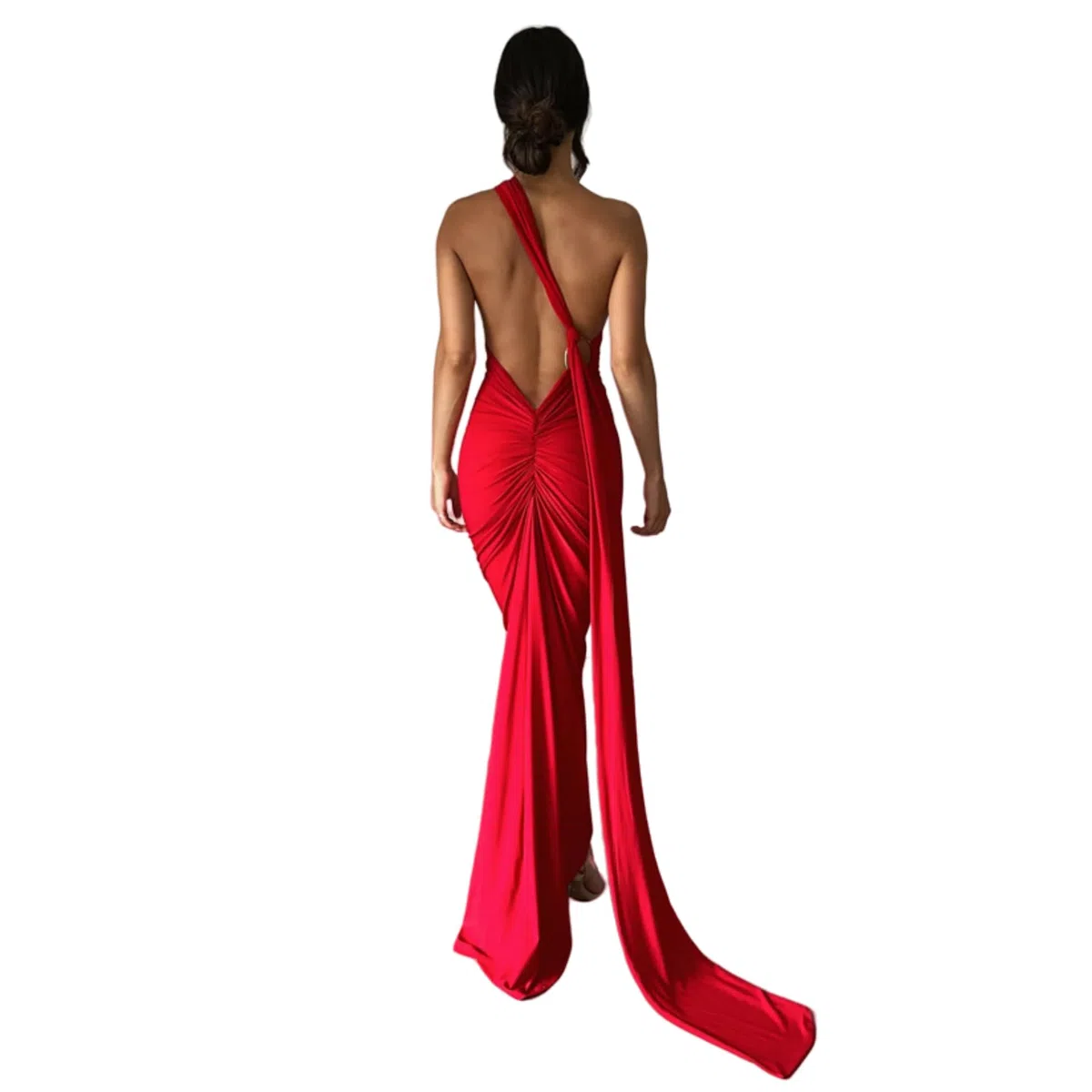 Abito lungo da donna, sexy, monospalla con schiena scoperta, elegante, increspato, senza maniche, abito da sera, abito da cocktail