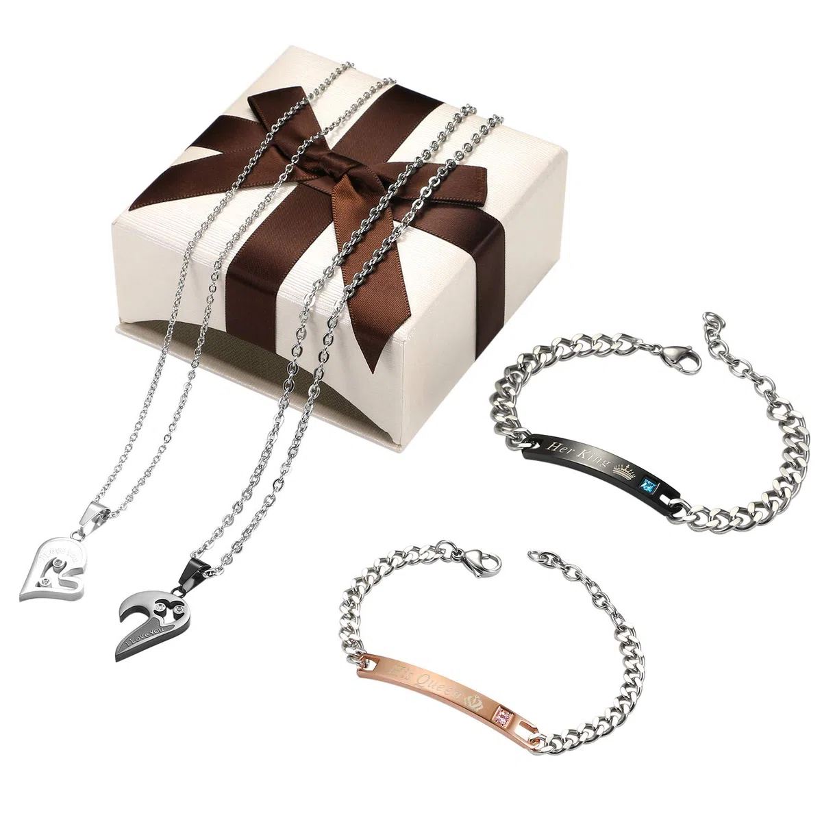 OIDEA Set Collana e Bracciale Coppia Lovers,Collana con Pendente Puzzle Cuore 'I Love You' Mosaico Strass,Braccialetto “Her King” “His Queen” Regalo per Amante o Migliore Amico/Amica