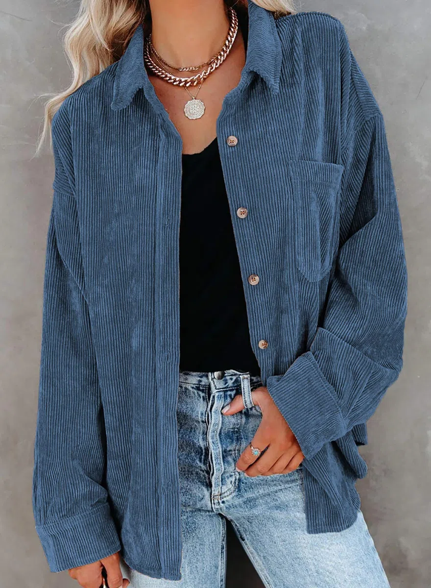 Necooer Camicia da donna in velluto a maniche lunghe con bottoni