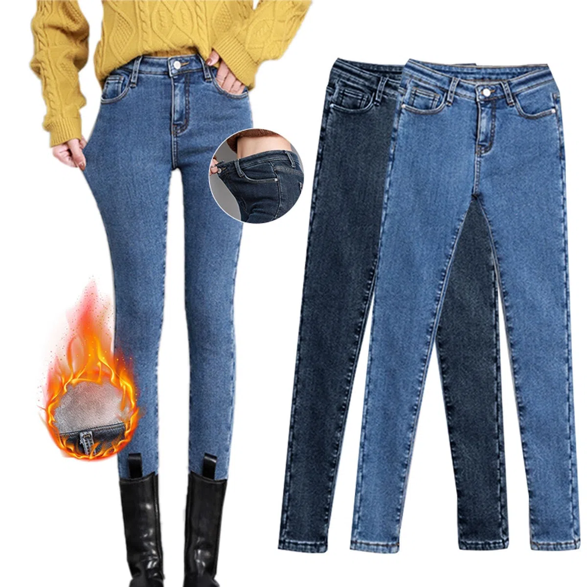 Generico Leggins Color Carne Pantaloni Termici Donna Neve Jeggings in denim in pile termico Leggings in jeans elasticizzati a vita alta Leggings caldi e skinny Leggins Invernali Donna Con