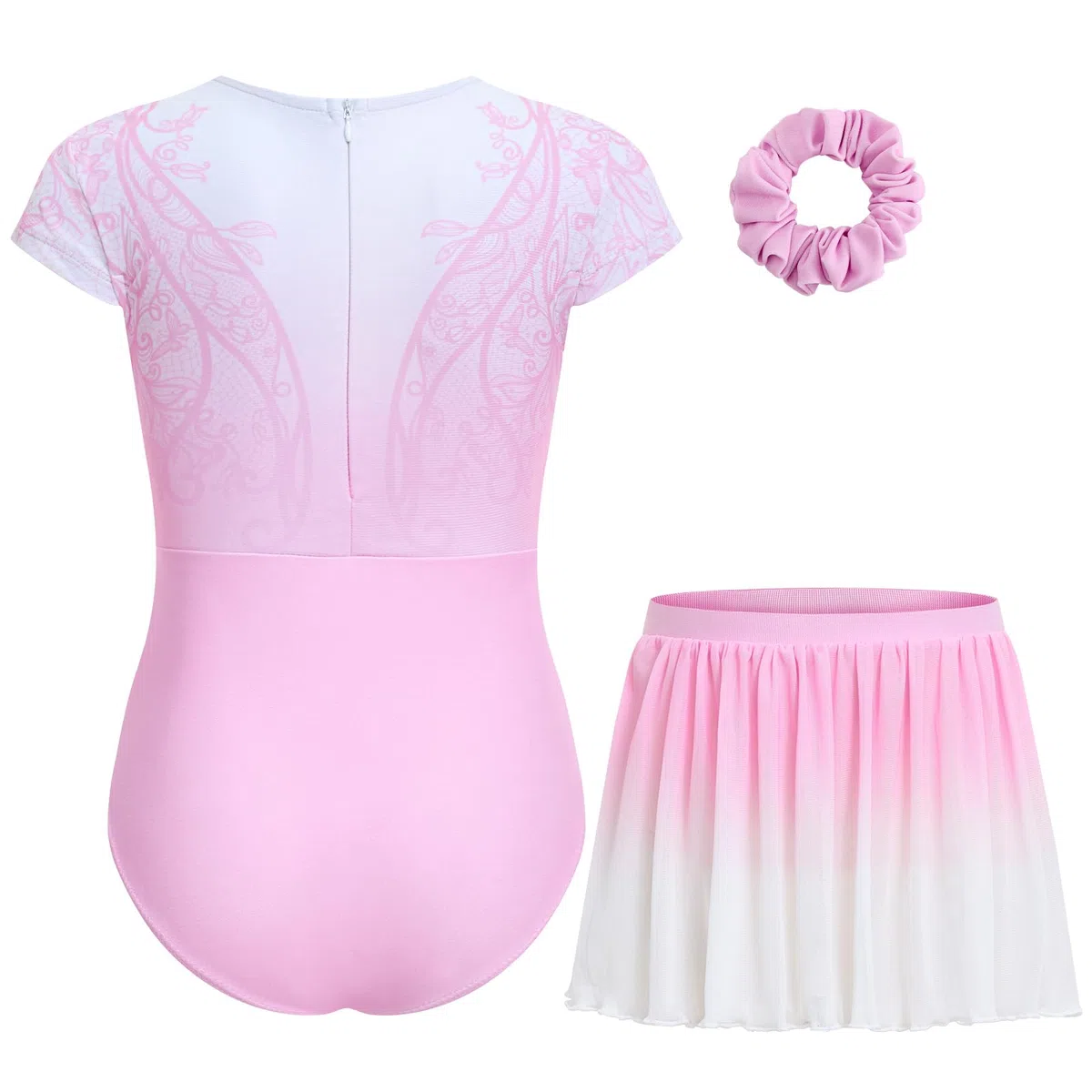 Gogokids Set da ginnastica da bambina con gonna, a maniche corte, con gemme scintillanti e stampa, 3 pezzi, per danza, yoga, performance, include elastico per capelli, età 3-12 anni