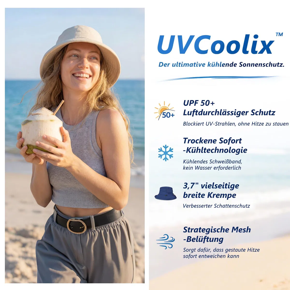 TOP-EX UVCoolix™ - Cappello da sole rinfrescante da donna con coda di cavallo, UPF 50, tesa larga, cappello da pescatore per protezione UV, impermeabile, cappello a secchiello con sottogola
